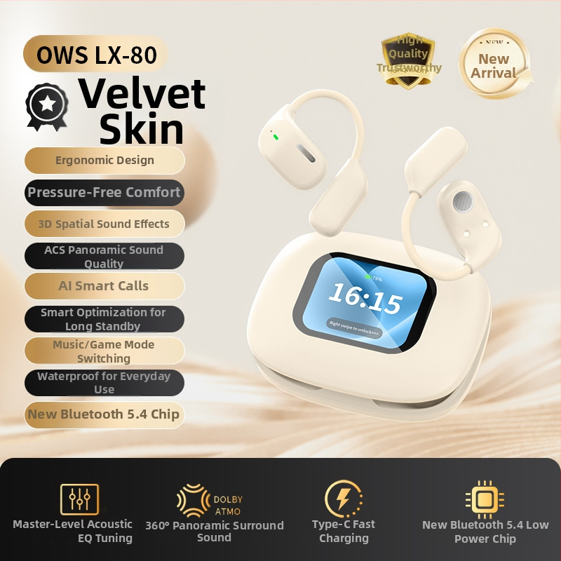 Bezdrôtové športové slúchadlá s háčikom na ucho, ovládanie dotykom a digitálny displej (Bluetooth 5.4, dosah 15 m, výdrž batérie 4–8 h)