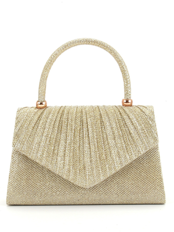 Női estélyi kézitáska – pliszírozott dizájn, poliészter anyag, vízszintes négyszög alak, fedett nyitás, 2023 nyár