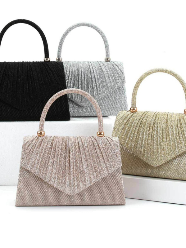 Női estélyi kézitáska – pliszírozott dizájn, poliészter anyag, vízszintes négyszög alak, fedett nyitás, 2023 nyár