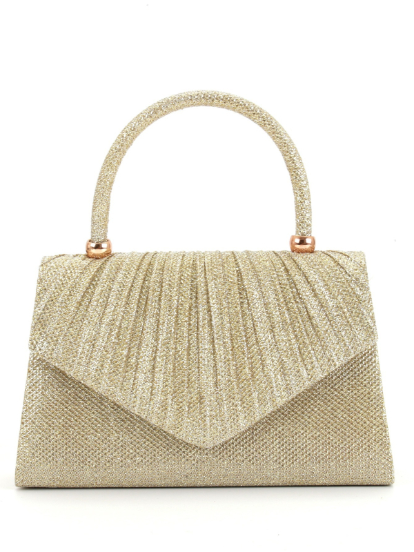 Női estélyi kézitáska – pliszírozott dizájn, poliészter anyag, vízszintes négyszög alak, fedett nyitás, 2023 nyár