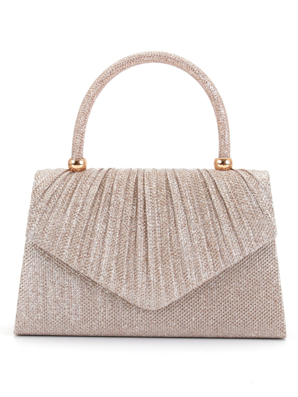 Női estélyi kézitáska – pliszírozott dizájn, poliészter anyag, vízszintes négyszög alak, fedett nyitás, 2023 nyár