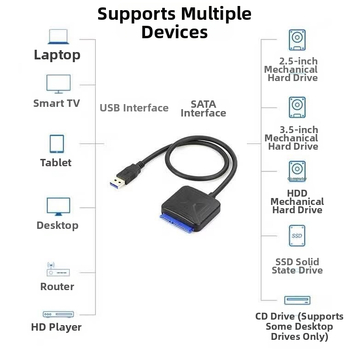 USB 3.0 към SATA кабел за данни с IS621 чип, медно ядро, 500 MB/s, дължина около 47 cm
