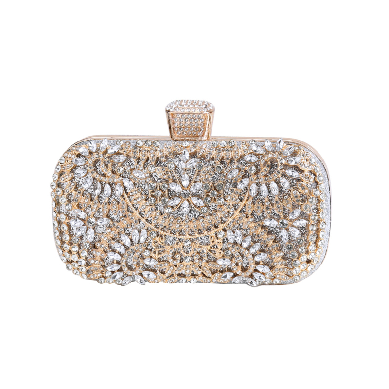 Vakara klučs somiņa - sakausējums, ciets korpuss, horizontāla kvadrāta forma, aizvērums ar spraudni, poliestera oderes