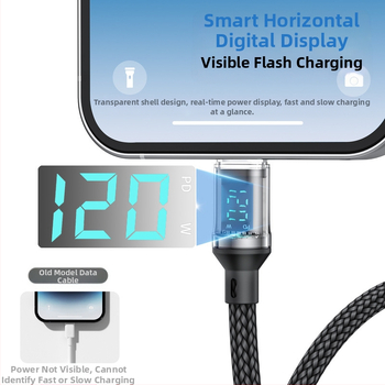 USB-C кабел с плетено покритие за бързо зареждане и цифров дисплей, максимална мощност 120W