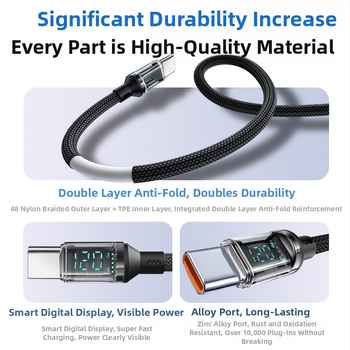 USB-C кабел с плетено покритие за бързо зареждане и цифров дисплей, максимална мощност 120W