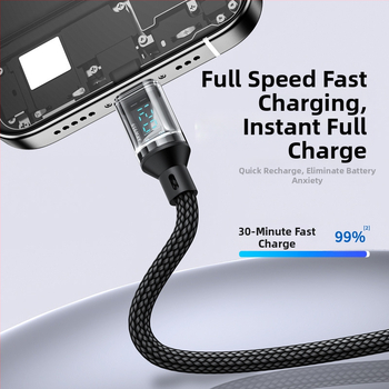 USB-C кабел с плетено покритие за бързо зареждане и цифров дисплей, максимална мощност 120W