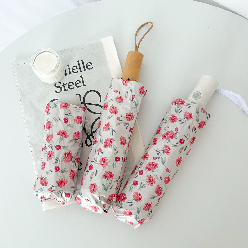 Ομπρέλα τριών τμημάτων με μοτίβ Camellia, UPF 50+ UV προστασία, ύφασμα 210T, 8 ακτίνες, αυτόματο άνοιγμα