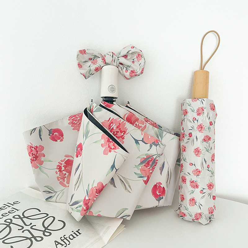 Ομπρέλα τριών τμημάτων με μοτίβ Camellia, UPF 50+ UV προστασία, ύφασμα 210T, 8 ακτίνες, αυτόματο άνοιγμα