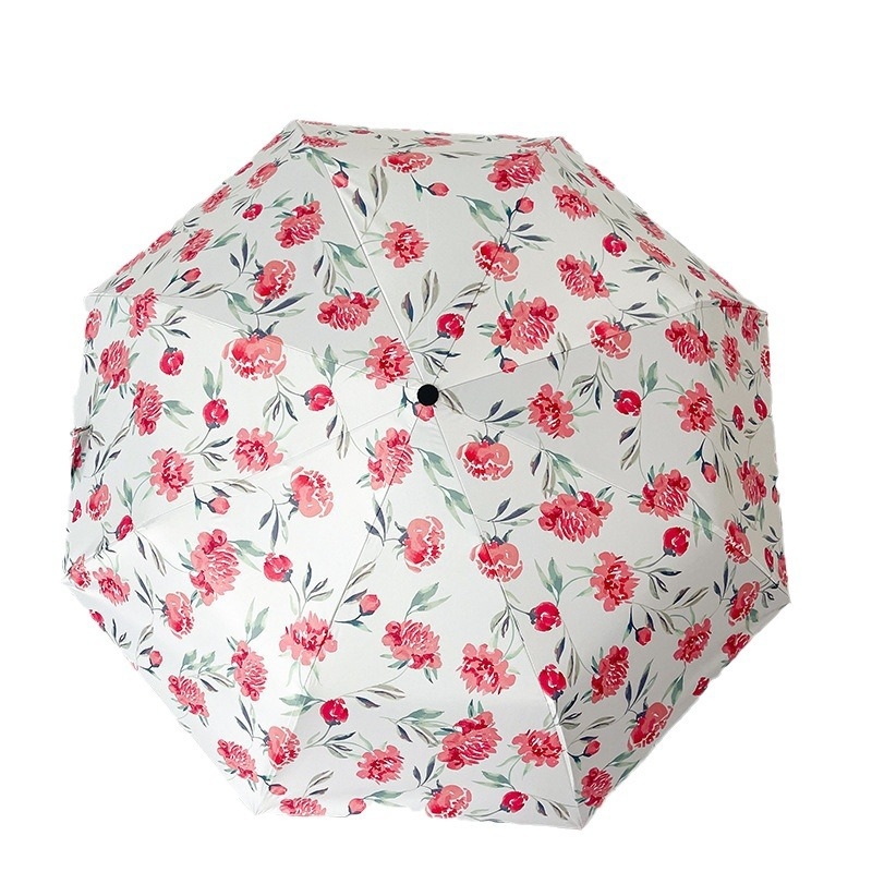 Ομπρέλα τριών τμημάτων με μοτίβ Camellia, UPF 50+ UV προστασία, ύφασμα 210T, 8 ακτίνες, αυτόματο άνοιγμα