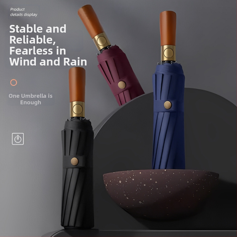 Trijų dalių sulankstomas skėtis su tvirta medine rankena, 10 pluošto rėmo, 210T audinys, automatinis atidarymas