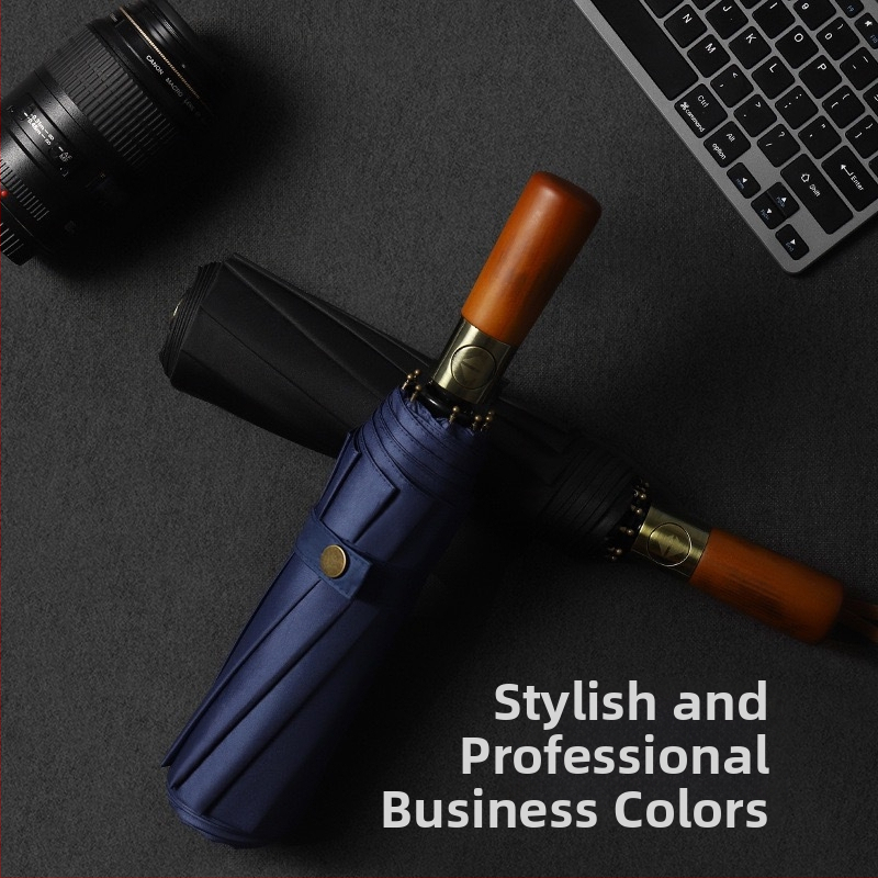 Чадър с тройно сгъване, държач от масивно дърво, 10 рамена от фибърна конструкция, плат 210T, автоматично отваряне