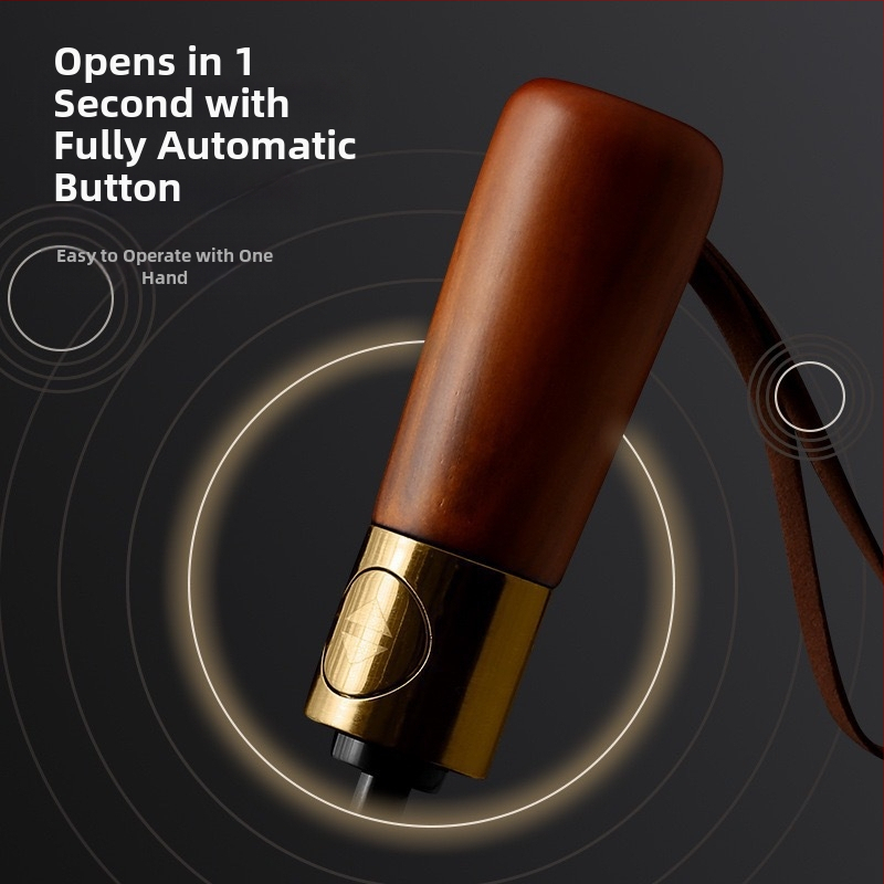 Чадър с тройно сгъване, държач от масивно дърво, 10 рамена от фибърна конструкция, плат 210T, автоматично отваряне