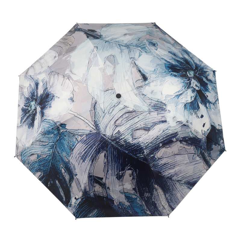 Αναδιπλούμενη ομπρέλα διπλού στρώματος με 8 ακτίνες, UPF > 40, χειροκίνητο άνοιγμα, σχέδιο με λουλούδια.