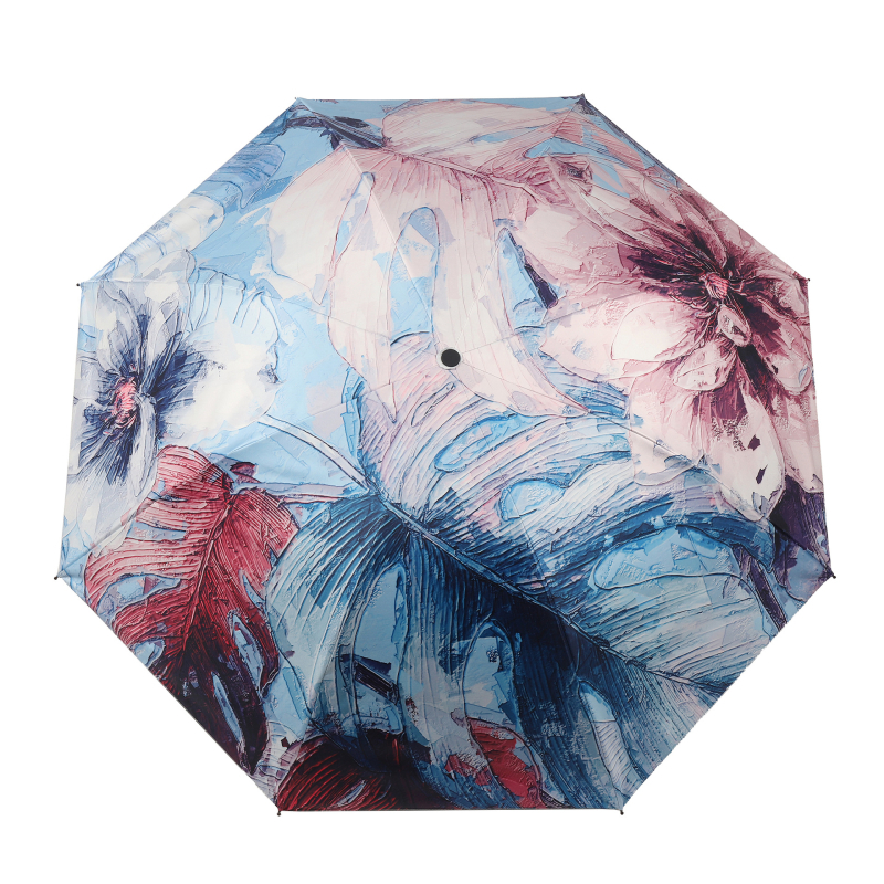Αναδιπλούμενη ομπρέλα διπλού στρώματος με 8 ακτίνες, UPF > 40, χειροκίνητο άνοιγμα, σχέδιο με λουλούδια.