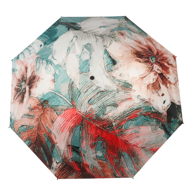 Αναδιπλούμενη ομπρέλα διπλού στρώματος με 8 ακτίνες, UPF > 40, χειροκίνητο άνοιγμα, σχέδιο με λουλούδια.