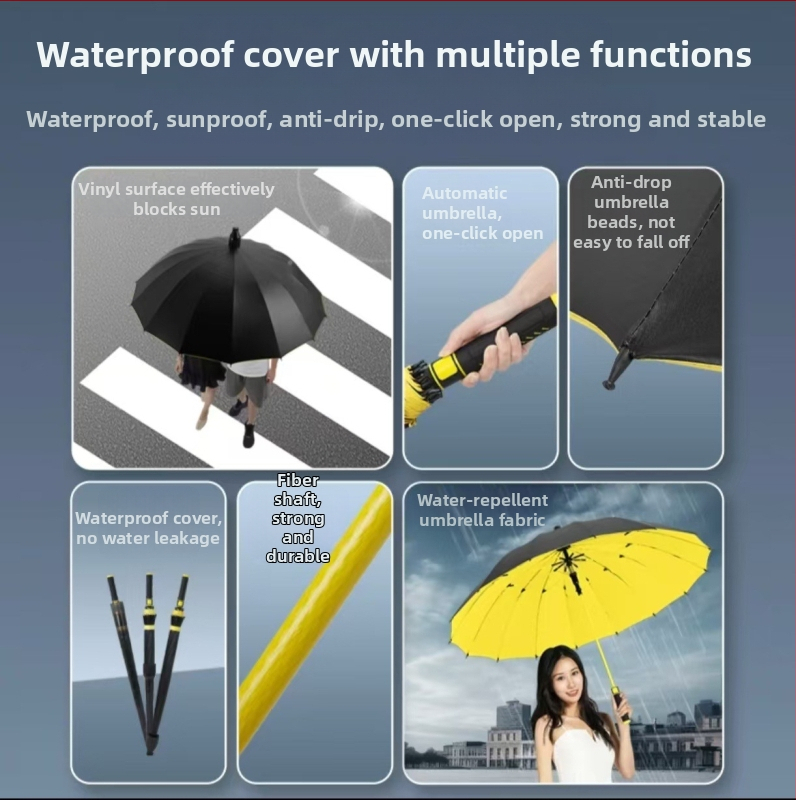 Голф чадър с 16 ребра, водоустойчив покрив, дълга дръжка, полуавтоматично отваряне/затваряне, UPF50+