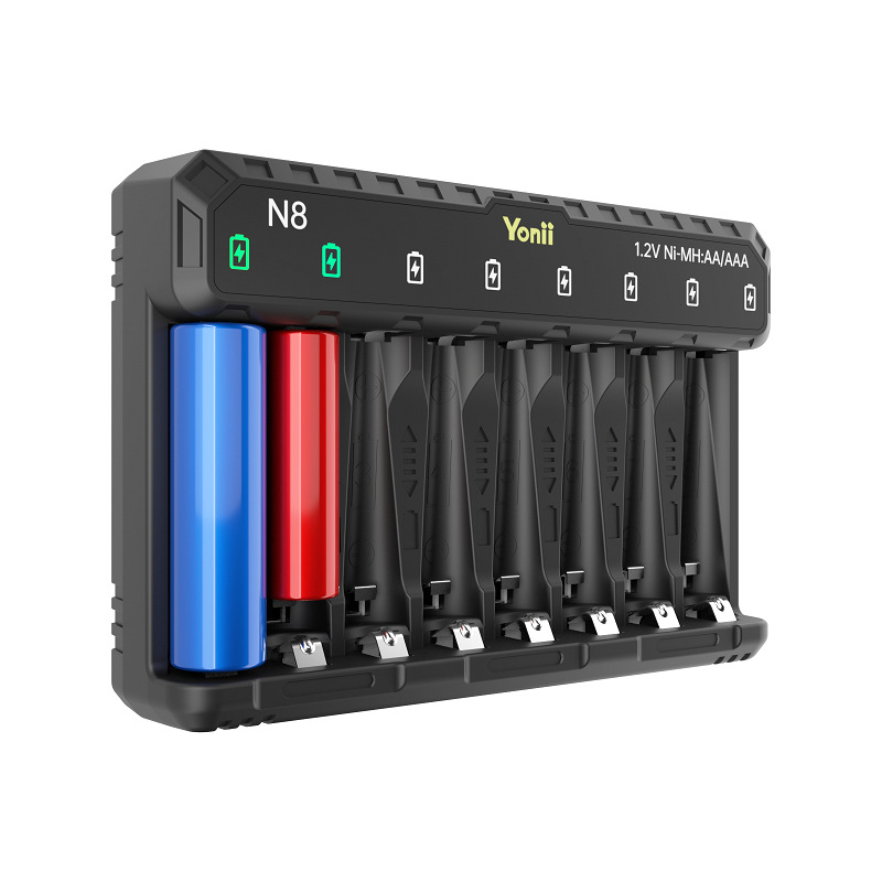 8-слотово Ni-MH AA зарядно за батерии, интелигентно зарядно, USB-C вход, 0.5A на слот, DC5V2A вход, серия N8