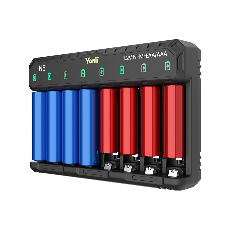 8-слотово Ni-MH AA зарядно за батерии, интелигентно зарядно, USB-C вход, 0.5A на слот, DC5V2A вход, серия N8