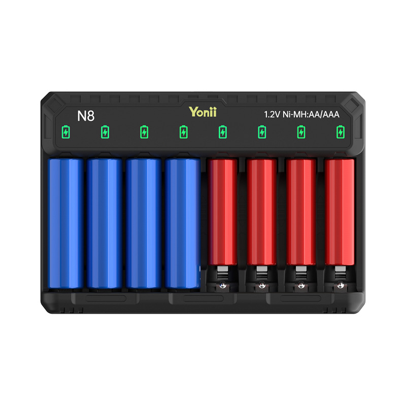 8-слотово Ni-MH AA зарядно за батерии, интелигентно зарядно, USB-C вход, 0.5A на слот, DC5V2A вход, серия N8