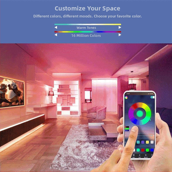 LED televizijos apšvietimo juosta su Bluetooth ir APP valdymu (modelis 5050RGB, 12V, 30 LED, 7W, atspari vandeniui)