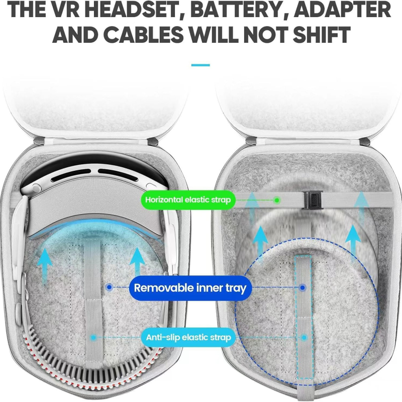 Чанта за VR очила от филц за Quest 2, Quest 3 и Vision Pro; лека, тегло 200 g; съвместимост: Quest 2, Quest 3, Vision Pro.