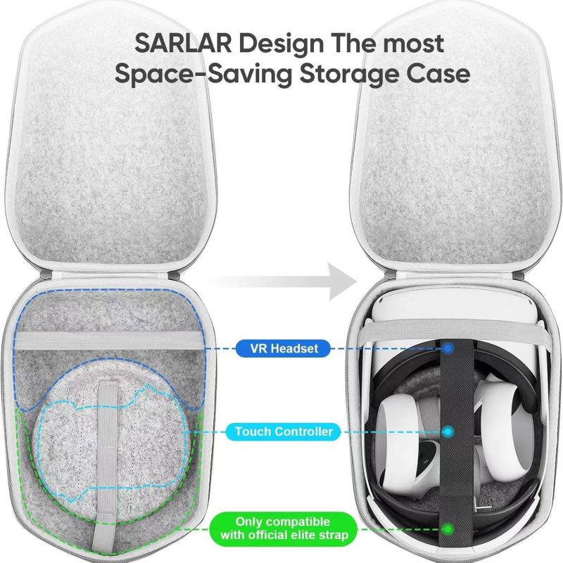 Чанта за VR очила от филц за Quest 2, Quest 3 и Vision Pro; лека, тегло 200 g; съвместимост: Quest 2, Quest 3, Vision Pro.