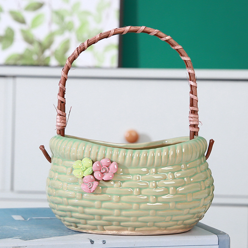 Ghiveci ceramic pentru suculente – coș din ceramică în stil pinch, semi-manual, respirabil, durabil, potrivit pentru pereți, birou, podea sau suport suspendat