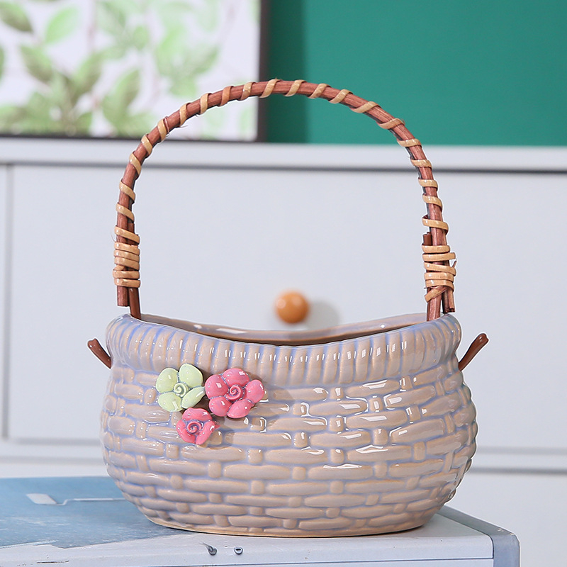 Ghiveci ceramic pentru suculente – coș din ceramică în stil pinch, semi-manual, respirabil, durabil, potrivit pentru pereți, birou, podea sau suport suspendat