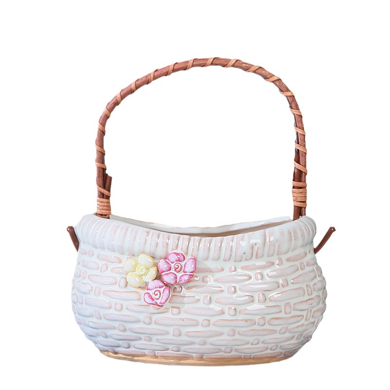 Ghiveci ceramic pentru suculente – coș din ceramică în stil pinch, semi-manual, respirabil, durabil, potrivit pentru pereți, birou, podea sau suport suspendat