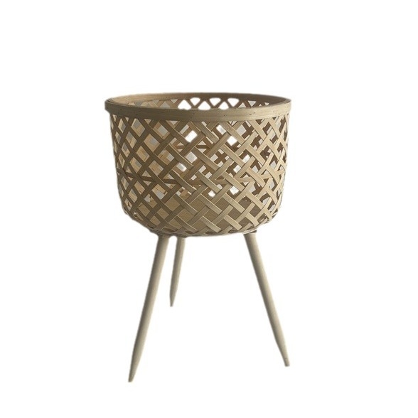 Ξύλινη υψηλή βάση φυτών με υφαντό καλάθι από μπαμπού, χειροποίητη, ευρωπαϊκό στυλ, μοντέλο 11