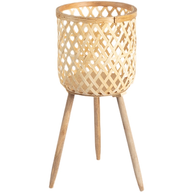 Ξύλινη υψηλή βάση φυτών με υφαντό καλάθι από μπαμπού, χειροποίητη, ευρωπαϊκό στυλ, μοντέλο 11