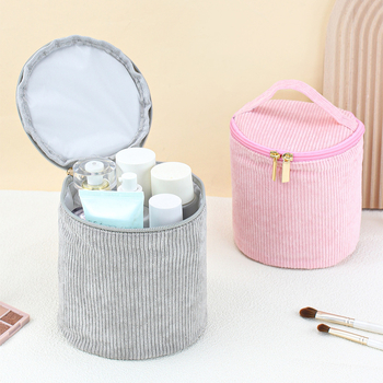 Corduroy цилиндрична чанта за козметика, голям капацитет, едноцветен модел, подплата от полиестер, Xingbiao