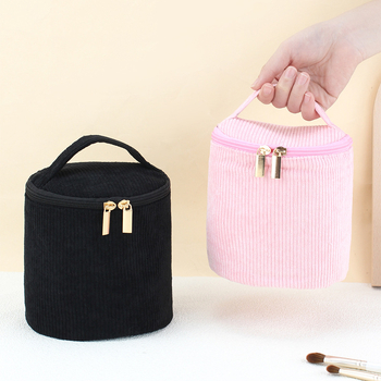 Corduroy цилиндрична чанта за козметика, голям капацитет, едноцветен модел, подплата от полиестер, Xingbiao