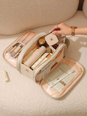 Чанта за четки за грим за дами – преносима козметична чанта за пътуване, PU материал, едноцветна, подкладка PU, антибактериална, износоустойчива, разширяема