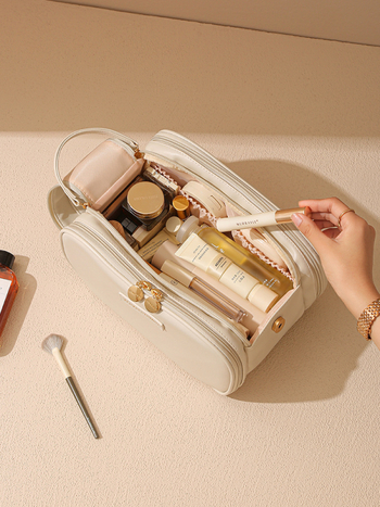 Чанта за четки за грим за дами – преносима козметична чанта за пътуване, PU материал, едноцветна, подкладка PU, антибактериална, износоустойчива, разширяема