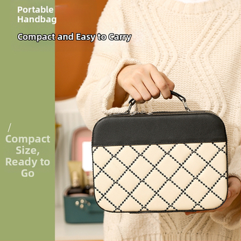 Корейски стил бродиран козметичен несесер, голям капацитет, PU кожа, преносим грим кейс, без подплата, ултра лек, разширяем