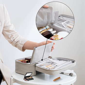 Чанта за грим от полиестер, водоустойчива, с цип за отваряне, хоризонтална квадратна форма, мека дръжка.