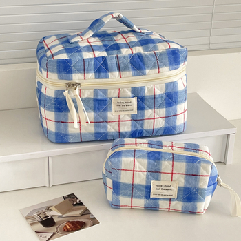 Козметична чанта от памук, каре шарка, подплата полиестер, стил градска простота, унисекс