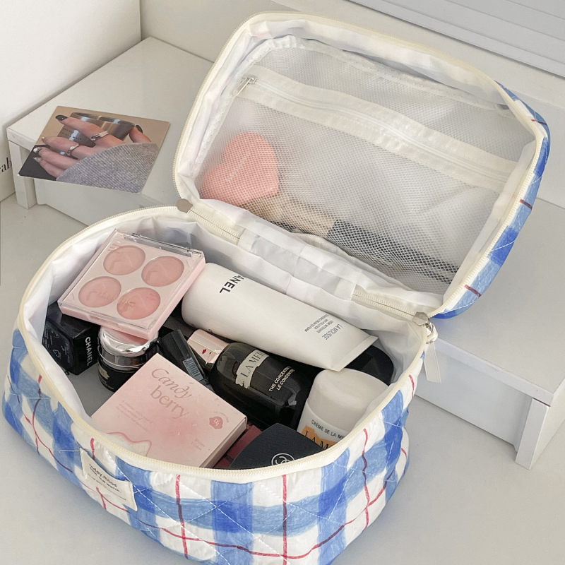 Geantă de toaletă din bumbac, model carouri, căptușeală poliester, stil urban minimalist, unisex