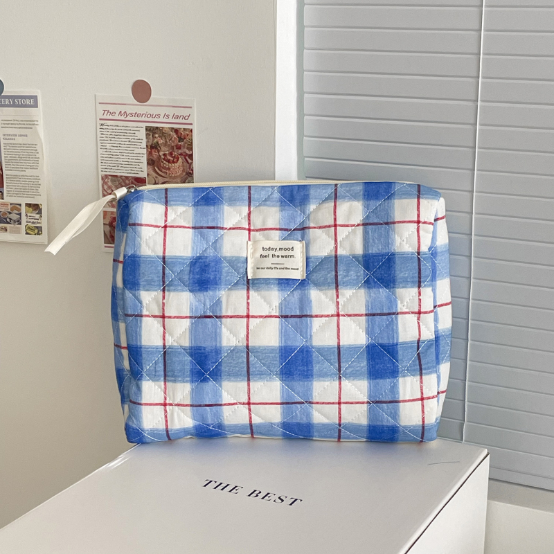 Geantă de toaletă din bumbac, model carouri, căptușeală poliester, stil urban minimalist, unisex