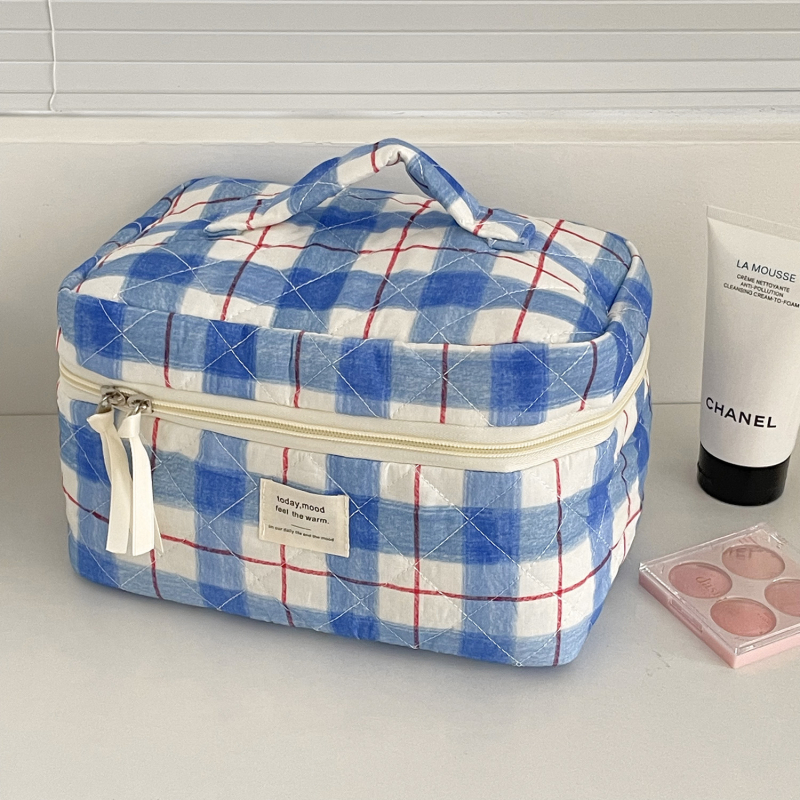 Geantă de toaletă din bumbac, model carouri, căptușeală poliester, stil urban minimalist, unisex