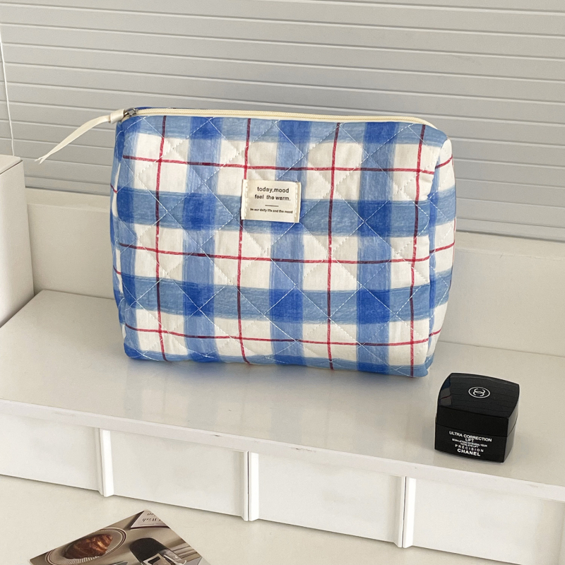 Geantă de toaletă din bumbac, model carouri, căptușeală poliester, stil urban minimalist, unisex