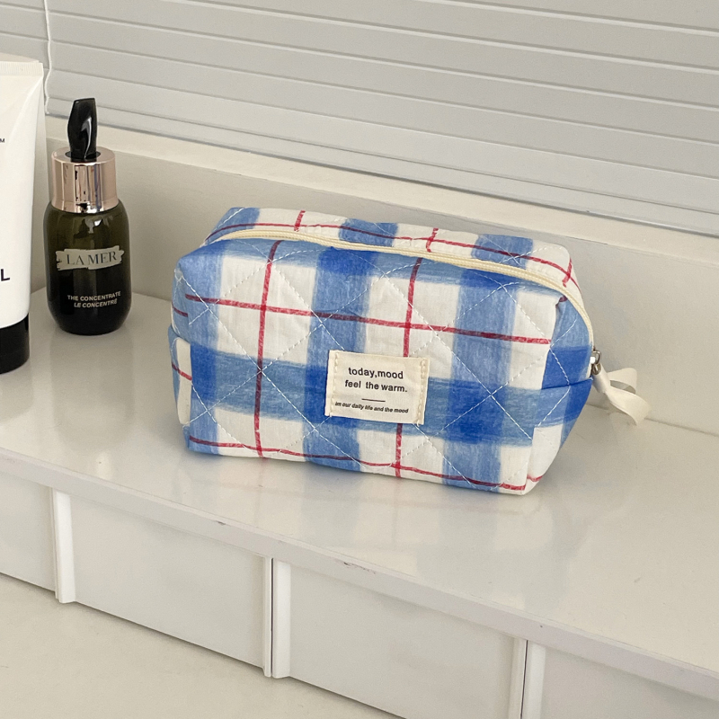Geantă de toaletă din bumbac, model carouri, căptușeală poliester, stil urban minimalist, unisex