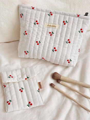 Чанта за козметика с принт череша, памучна материя, подплата поплин, уличен стил за пътуване