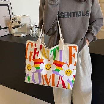 канвасова буквена Tote чанта, хоризонтално квадратна форма, цип за отваряне, вътрешен джоб с цип, подплата полиестер‑памук