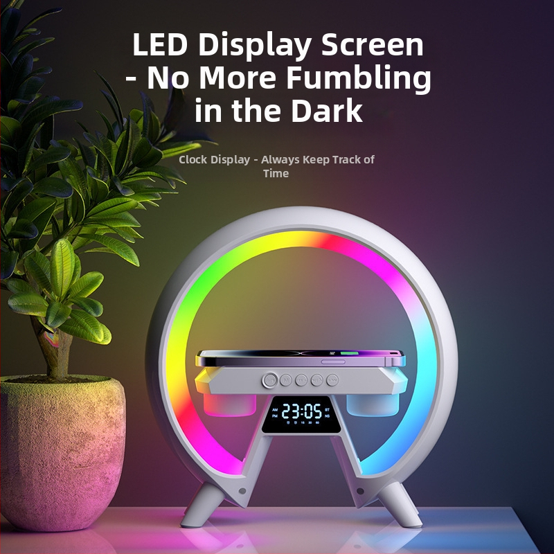 Bluetooth hangszóró, Bluetooth 5.3, beépített akkumulátor 1200–2000 mAh, 15W kimenet, vezeték nélküli töltés és hangulatos világítás, frekvenciatartomány 100Hz–20kHz