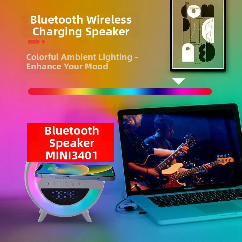 Bluetooth hangszóró, Bluetooth 5.3, beépített akkumulátor 1200–2000 mAh, 15W kimenet, vezeték nélküli töltés és hangulatos világítás, frekvenciatartomány 100Hz–20kHz