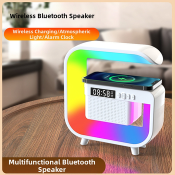 Bluetooth garsiakalbis belaidžiu įkrovimu, žadintuvu ir atmosferos šviesa – Bluetooth 5.3, 5W, įmontuota baterija 2000–4000mAh, veiksmingas diapazonas 10 m, dažnių atsakas 100Hz–20kHz