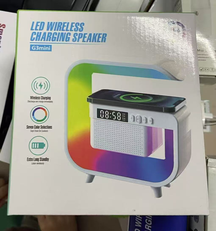 Bluetooth garsiakalbis belaidžiu įkrovimu, žadintuvu ir atmosferos šviesa – Bluetooth 5.3, 5W, įmontuota baterija 2000–4000mAh, veiksmingas diapazonas 10 m, dažnių atsakas 100Hz–20kHz