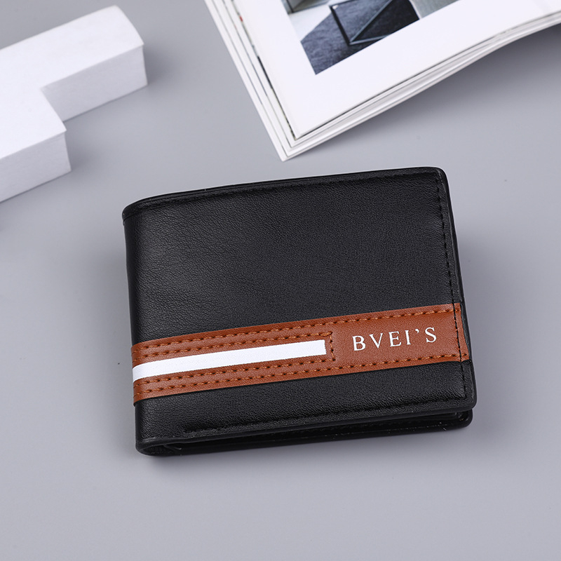 Férfi PU bőrből készült bifold pénztárca, több kártyahely, aprópénztartó, poliészter bélés